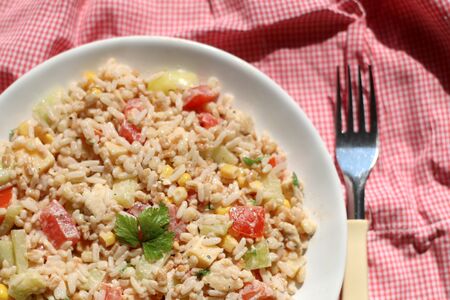 Cold salad with chicken, rice, various vegetables (tomato, pepper, cucumber, corn) and seasoning. Decorated with parsley leaves. Top view.の写真素材