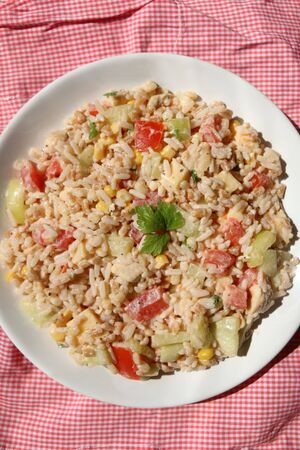 Cold salad with chicken, rice, various vegetables (tomato, pepper, cucumber, corn) and seasoning. Decorated with parsley leaves. Top view.の写真素材