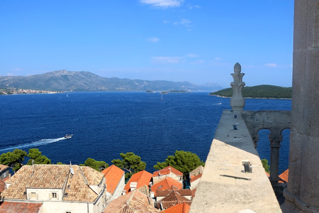 Traditional Mediterranean architecture in town Korcula, on island Korcula, Croatia, surrounded with Adriatic Sea. View from St. Markâs Cathedral bell tower.の写真素材