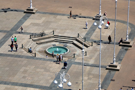 Zagreb, Croatia - June 20, 2017: Aerial view of Ban Jelacic Square in Zagreb, Croatia. Tourists and locals enjoying sunny day outdoor.のeditorial素材