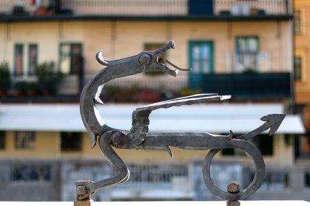 Ljubljana, Slovenia - October 30, 2017: Abstract sculpture of dragons on Ljubljanica river in central Ljubljana, Slovenia. Dragon is symbol of Ljubljana.のeditorial素材