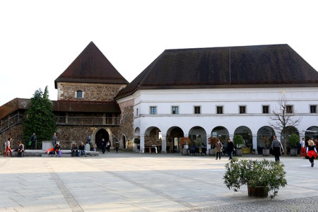 Ljubljana, Slovenia - October 28, 2017: Visitors in historic Ljubljana Castle, Ljubljana, Slovenia.のeditorial素材