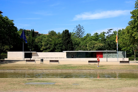 Barcelona, Spain - July 8, 2018: Barcelona Pavilion, designed by Ludwig Mies van der Rohe in...