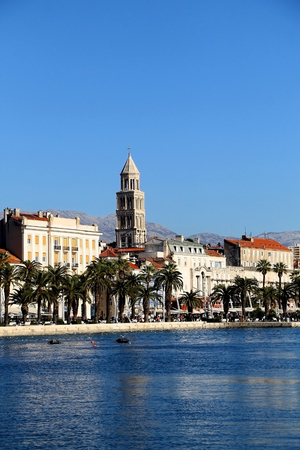 Historical architecture on Riva Promenade in Split, Croatia with landmark Saint Domnius bell tower.の写真素材