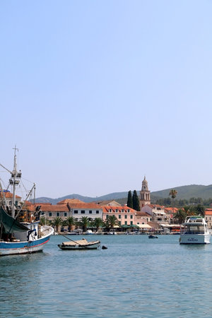 Vela Luka, Croatia - July 25, 2015: Traditional Mediterranen architecture in small town Vela Luka, on island Korcula, Croatia.のeditorial素材