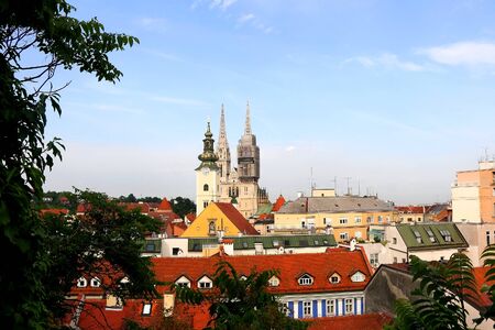 Panoramic view of Zagreb, Croatia with landmark Cathedral of the Assumption of the Blessed Virgin Mary and St. Mary Church.の写真素材