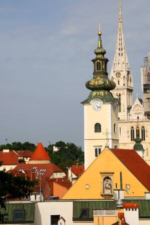 Panoramic view of Zagreb, Croatia with landmark Cathedral of the Assumption of the Blessed Virgin Mary and St. Mary Church.の写真素材