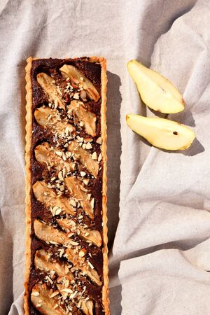 Homemade tart with almond cream and pears. Top view.の写真素材