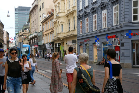 Zagreb, Croatia - June 15, 2019: People enjoying summer day on Ilica street in downtown Zagreb, Croatia.のeditorial素材