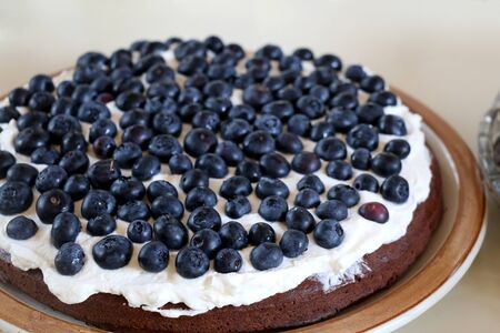 Chocolate cake with whipped cream and blueberries. Selective focus.の写真素材