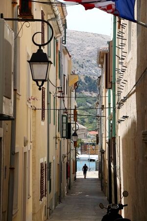 Picturesque narrow streets of town Pag, on island Pag, Croatia.の写真素材