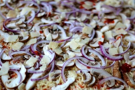Close-up view of vegetarian pizza with tomato sauce, cheese, mushrooms and onion. Selective focus.の写真素材