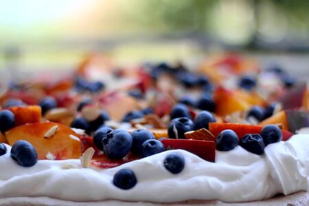 Chocolate Pavlova cake with whipped cream, peaches, blueberries and almonds. Selective focus.の写真素材