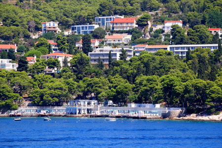 Hvar, Croatia - August 11, 2019: Bonj beach, popular summer travel destination in town Hvar, on island Hvar, Croatia.のeditorial素材