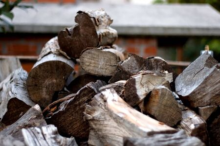 Pile of wooden logs. Selective focus, close-up.の写真素材