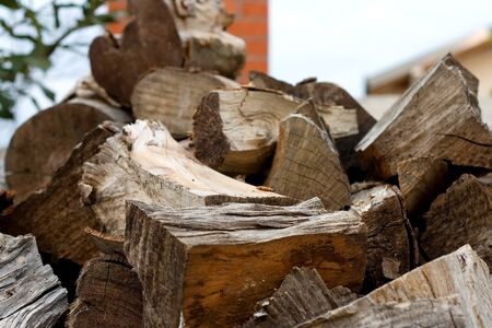 Pile of wooden logs. Selective focus, close-up.の写真素材