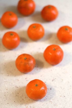Tangerines on a table, selective focus.の写真素材