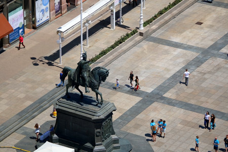 Zagreb, Croatia - June 20, 2017: Aerial view of Ban Jelacic Square, main town square in Zagreb, Croatia. People walking and enjoying sunny summer day.のeditorial素材