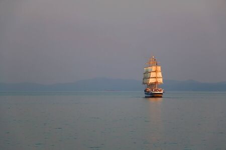 Traditional large sailing boat near Hvar, Croatia at sunset. Selective focus.の写真素材