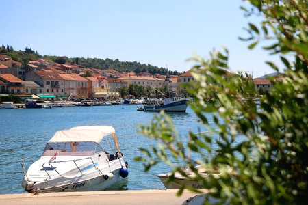 Vela Luka, Croatia - July 31, 2016: Panoramic view of small town Vela Luka, on island Korcula, Croatia.のeditorial素材