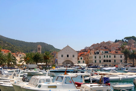 Hvar, Croatia - August 7, 2015: Boats in the port of town Hvar, on island Hvar, Croatia on a sunny summer day.のeditorial素材