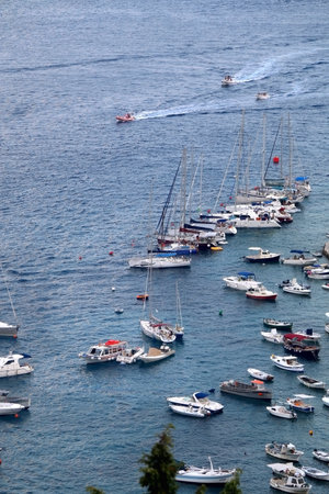 Hvar, Croatia - August 7, 2015: Aerial view of sailing boats in the port of town Hvar, on island Hvar, Croatia. Hvar is popular summer travel destination.のeditorial素材