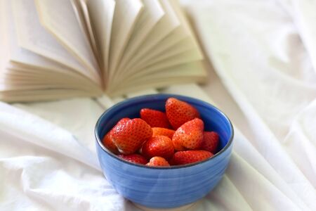 Bowl of fresh strawberries and a book on a bed. Selective focus.の写真素材