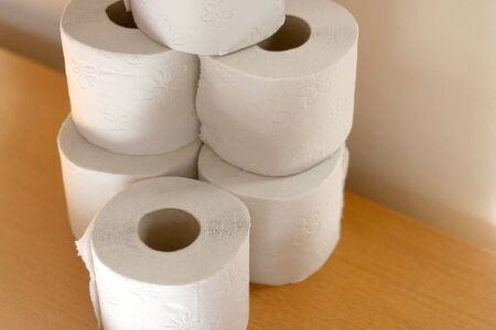 Stack of toilet paper, made with recycled paper. Selective focus.の写真素材