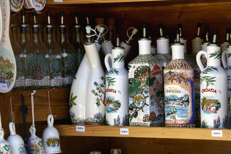 Krka, Croatia - May 23, 2020: Various souvenirs for sale on a kiosk in National Park Krka, Croatia. Krka is popular travel destination.のeditorial素材