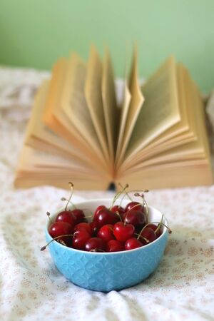 Bowl of cherries and open book on a bed. Selective focus.の写真素材
