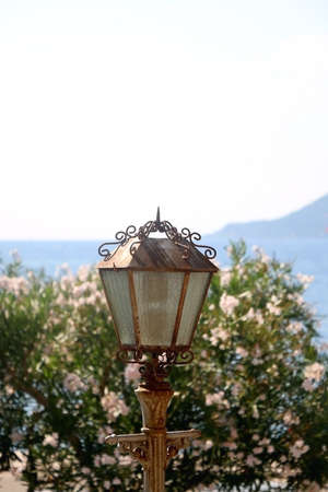 Vintage street light and oleander flowers in town Korcula, on island Korcula, Croatia. Selective focus.の写真素材