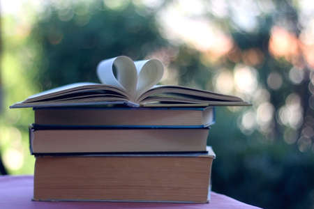 Stack of hardcover books in a garden. Top book has pages shaped like a heart. Selective focus.の写真素材