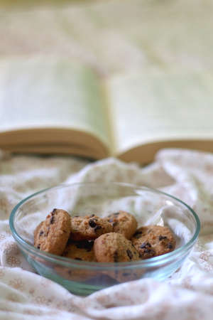 Bowl of chocolate chip cookies and open book on a bed. Selective focus.