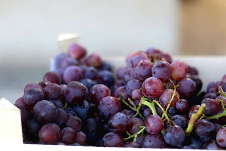Crate of red grapes. Selective focus.