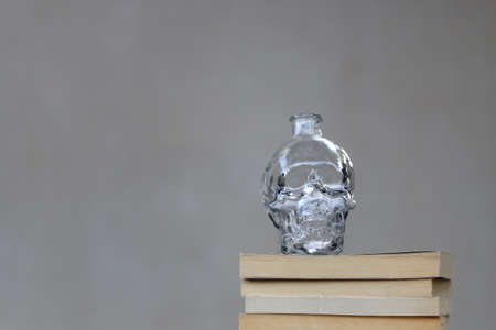 Stack of paperback books and skull shaped decoration. Selective focus.の写真素材