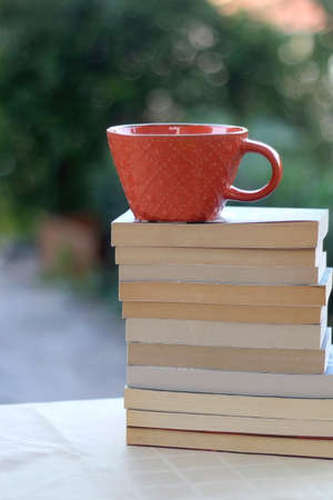 Stack of paperback books and cup of tea or coffe in teh garden. Selective focus.