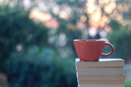 Stack of paperback books and cup of tea or coffe in teh garden. Selective focus.
