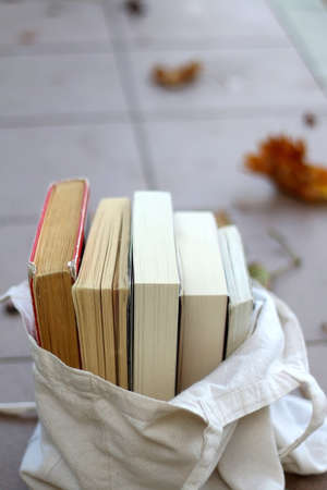 Reusable canvas tote filled with books and fallen autumn leaves outdoors. Selective focus.