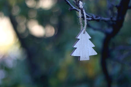 Christmas tree ornament hanging in the garden. Selective focus.の写真素材