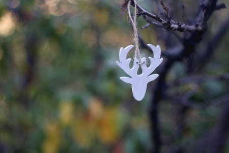 Reindeer Christmas ornament hanging in the garden. Selective focus.の写真素材