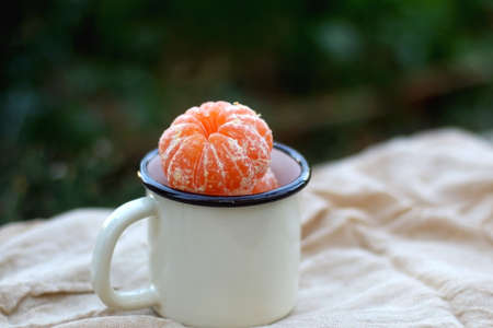 Enamel mug filled with fresh peeled tangerines. Selective focus.