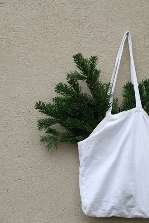 Canvas tote bag filled with fresh pine tree branches, hanging on the concrete wall.の写真素材