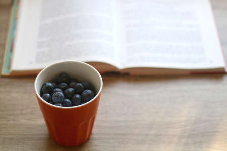 Bowl of blueberries and open book on a table. Selective focus.の写真素材