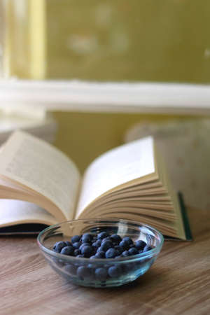 Bowl of blueberries and open book on a table. Selective focus.
