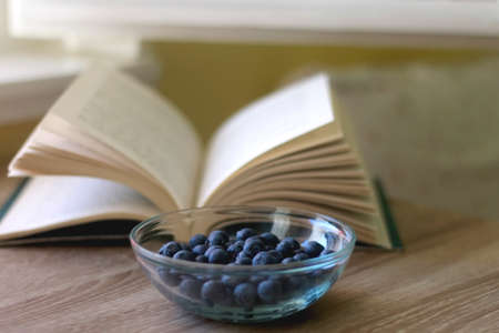 Bowl of blueberries and open book on a table. Selective focus.の写真素材