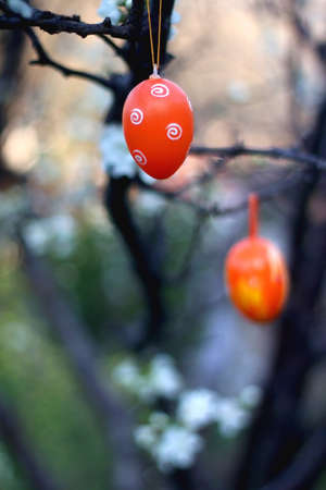 Easter egg decorations hanging in a garden. Selective focus.