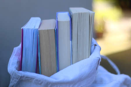 Linen tote filled with books. Selective focus.