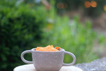 Bowl of spicy tortilla chips, served in a garden. Selective focus.