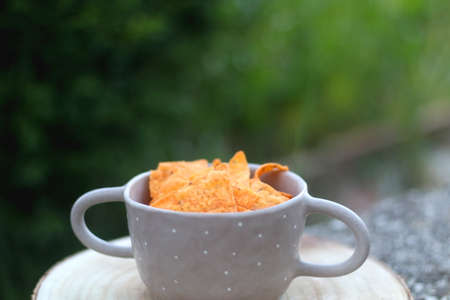 Bowl of spicy tortilla chips, served in a garden. Selective focus.