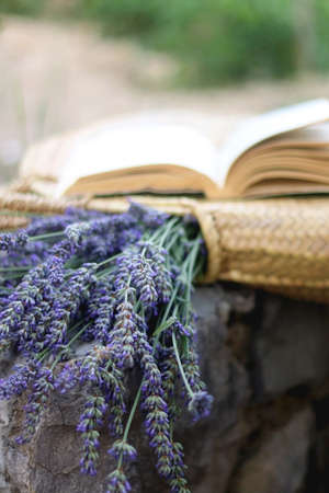 Straw bag filled with fresh lavender flowers and open book. Selective focus.の写真素材